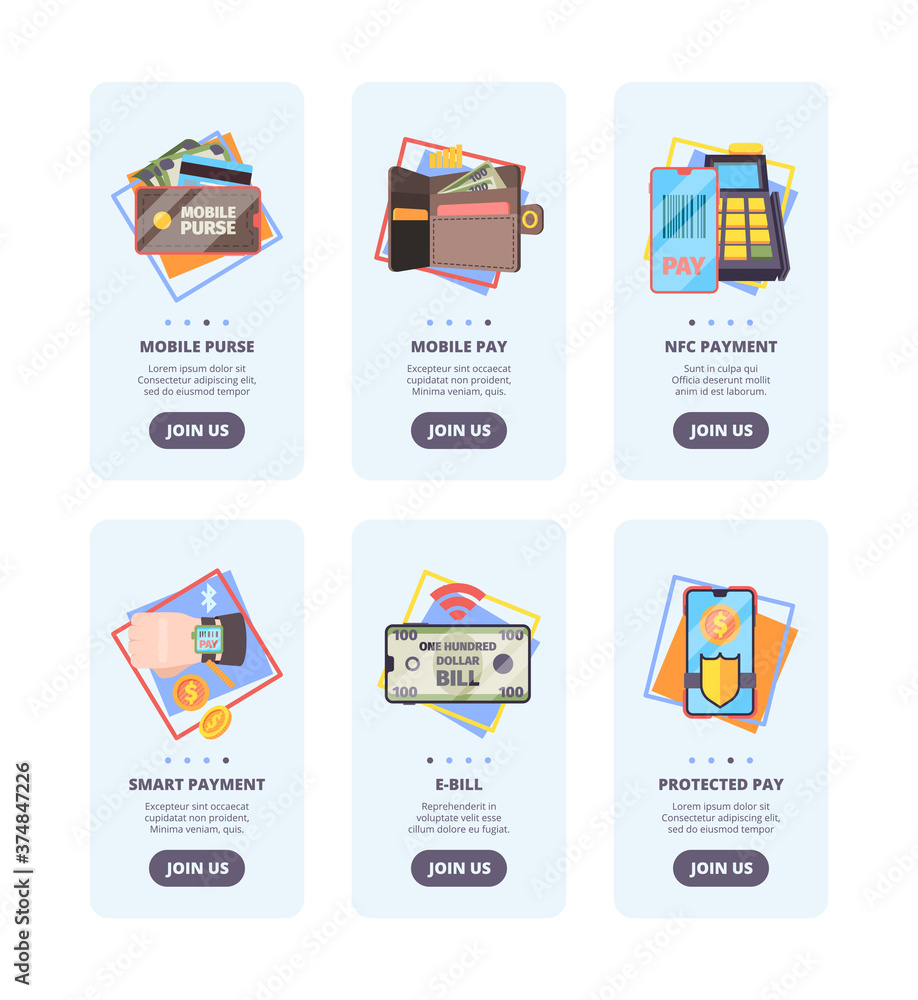 Aufkleber mobile payments onboarding pages. web user interface design banners with concept pictures of online 