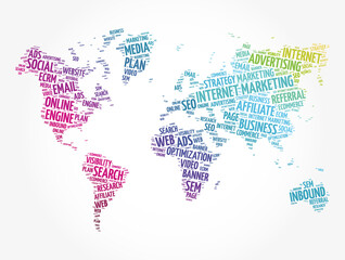 Fototapeta na wymiar Internet marketing word cloud in shape of world map, business concept background