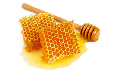 Honeycomb and curative propolis isolated on white background. Wild bee honey.