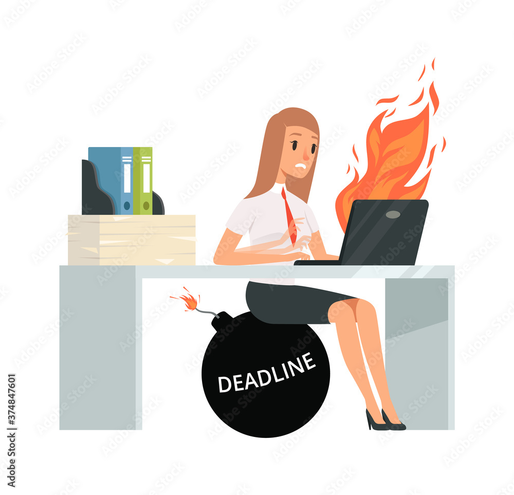 Aufkleber deadline time. office manager typing on computer. bad management, girl does not have time to pass jo