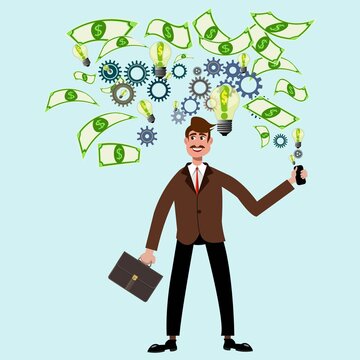 Vector cartoon flat businessman generating a money idea. In mind lamp with idea dollars, works gears, and brings income desition. Vector illustration concept with gears, money, and idea.