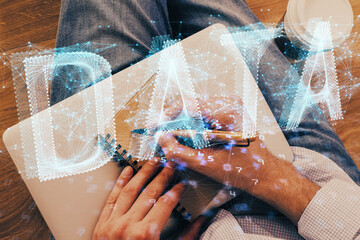 Writing human hands with data theme multi exposure icons.