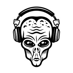 Alien head in headphones vector black illustration
