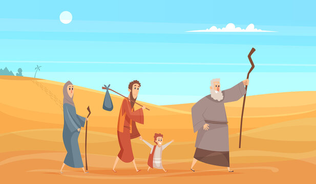Journey of bible characters. Narrative historical background holy people going in dessert landscape from scenery god vector illustration. Traditional christian biblical legend, desert journey