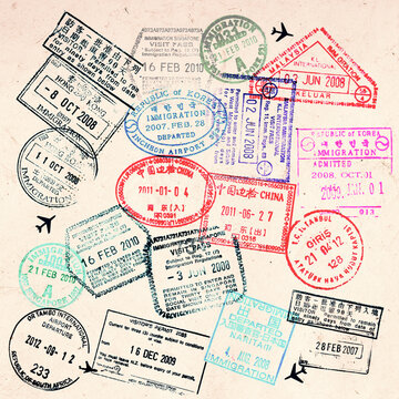 Passport visas stamps on sepia textured, vintage travel collage background