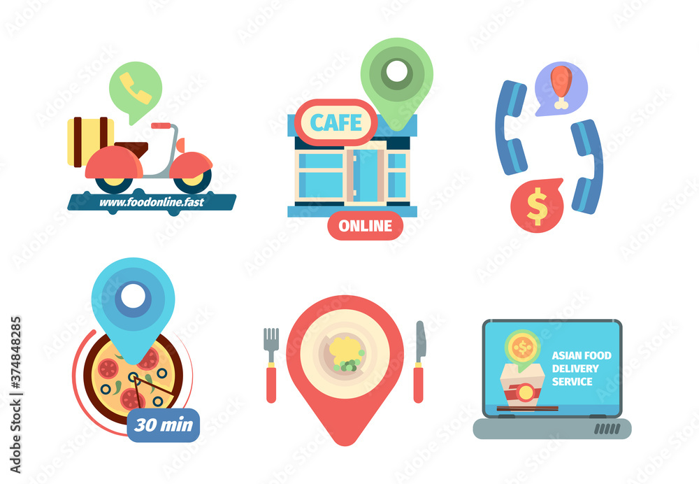 Poster ordering food icon. business delivery from restaurant calling order products vector concept flat pic