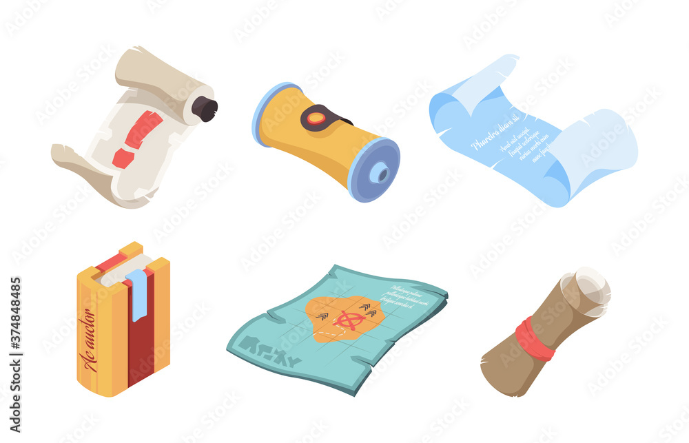 Poster ancient books isometric. magic spell papers for game ui fantasy old map and books with ribbons vecto