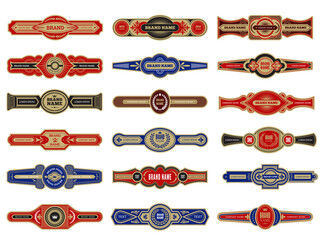 Cigar badges. Vintage labels set template for cigars vector design collection. Illustration cigar tobacco label set with logotype - obrazy, fototapety, plakaty