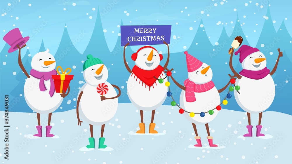 Poster Christmas background. Cute cartoon snowman, new year snowy balls with garland, ice cream, candy vector illustration. Snowman christmas with cartoon garland