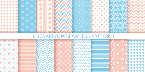 Scrapbook seamless pattern. Baby shower background. Vector. Set cute textures with polka dot, stripe, zigzag, heart, flower and wave. Cute geometric print. Pastel pink blue illustration. Packing paper