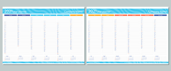 2021 year planner calendar. Vector. Week starts Sunday. Wall calender template. Annual organizer. Schedule page. Agenda diary with 12 months. A4 Paper Size. Simple design. Business illustration.