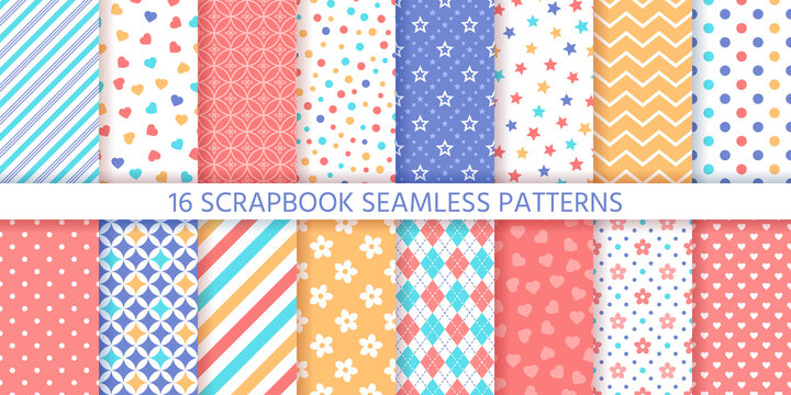 Scrapbook seamless pattern. Vector. Cute backgrounds. Set prints with polka dot, heart, flower, star, zigzag and rhombus. Colorful illustration. Trendy packing papers. Retro textures. Chic backdrops