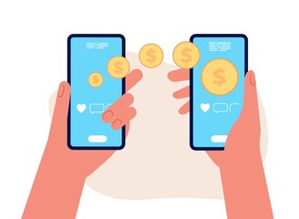 Mobile money transfer. Hands hold smartphones, golden coins flying to other people. E-wallet or e-pay vector illustration. Transfer mobile money, payment transaction online