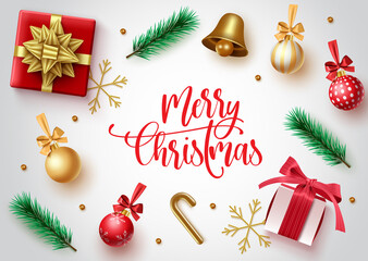 Fototapeta na wymiar Merry christmas vector banner template design. Merry christmas text with colorful xmas decoration element and white empty space for greeting card messages. Vector illustration 