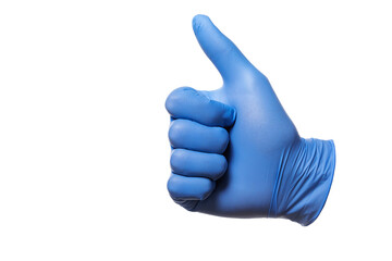 Blue latex surgical glove thumbs up gesture isolated on white, hands protection medical equipment