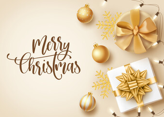 Christmas elegant vector banner template. Merry christmas text with empty space for messages and golden xmas elements for holiday season greeting card. Vector illustration
