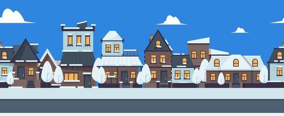 Winter street banner. Cute snowy houses seamless pattern. Suburban buildings vector illustration. Christmas street banner, city background snowy
