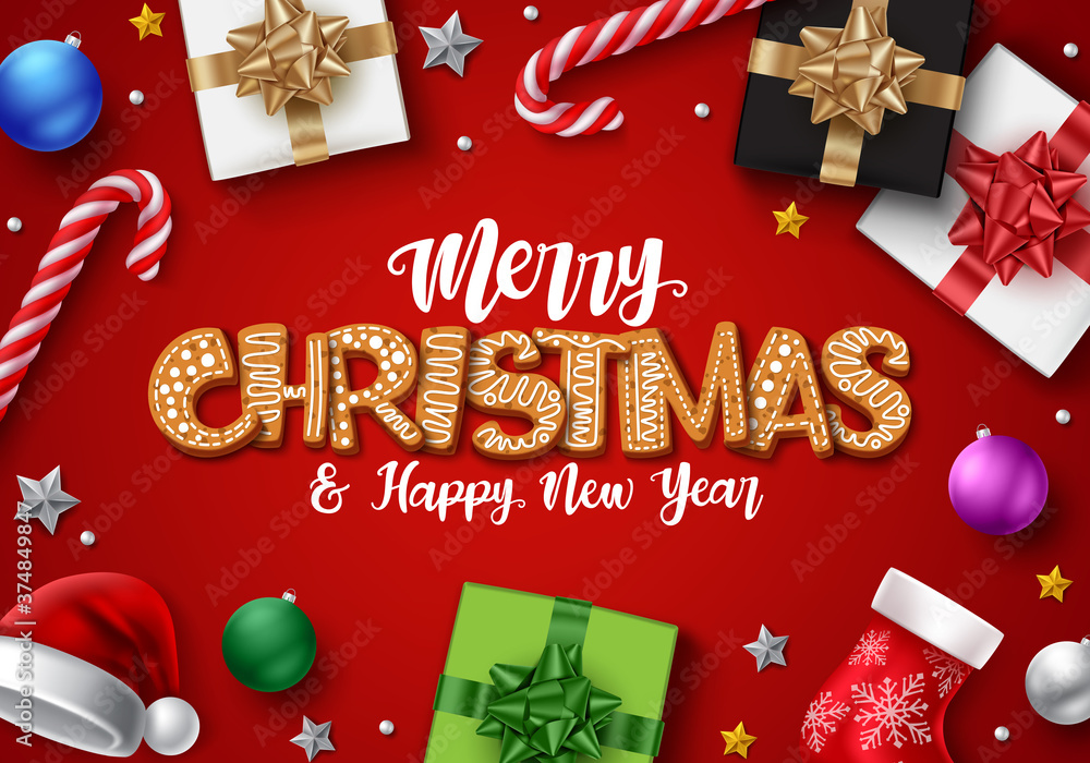 Wall mural christmas in red background vector design. merry christmas gingerbread text with colorful decor elem
