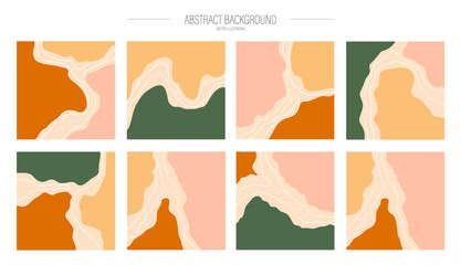 A set of various abstract backgrounds. Hand-drawn various shapes and doodle objects. Modern trendy vector illustration. Each background is isolated. Pastel shades. For bloggers and Instagram