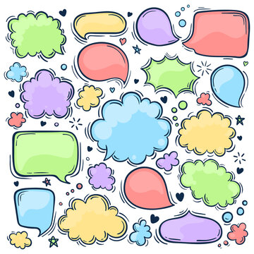 Set of hand drawn doodle colored Speach bubbles. Pastel colors. Vector illustration