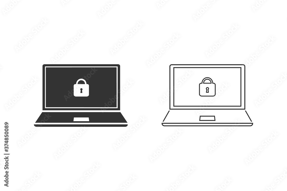 Poster vector tech computer laptop line icon set. on the computer screen a lock sign. illustration