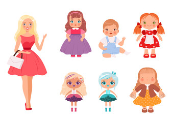 Dolls for kids. Funny children toys male and female cute models for playing vector illustrations. Doll collection female girl for young children