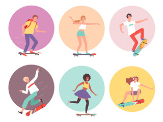 Fototapeta na wymiar Skateboarders. Urban activity hipsters characters riders on skateboard cool guys vector illustration. Skateboard skateboarding, character skateboarder active