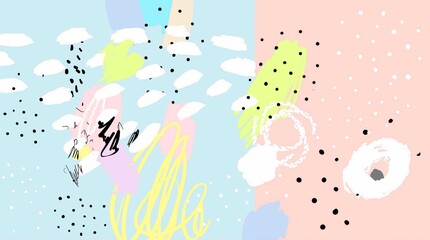 Contemporary pattern. Naive art. Brush, marker, highlight stroke. Abstract background. Vector. Memphis 80s, 90 retro style. Children, kids sketch drawing. Pink, gray, blue, yellow, green, white color