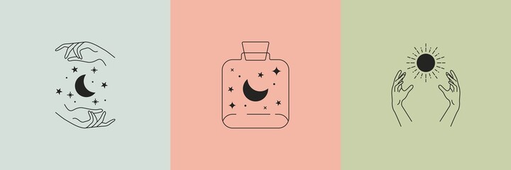 Hand drawn boho logo design. Abstract minimal line magic occult icons esoteric feminine tattoo bohemian style. Vector illustration