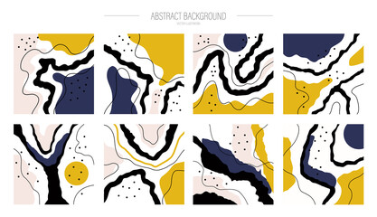A set of various abstract backgrounds. Hand-drawn various shapes and doodle objects. Modern trendy vector illustration. Each background is isolated. Pastel shades. For bloggers and Instagram