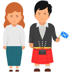Fototapeta premium A perfect scotland couple wearing their cultural outfit, scottish dress flat vector 