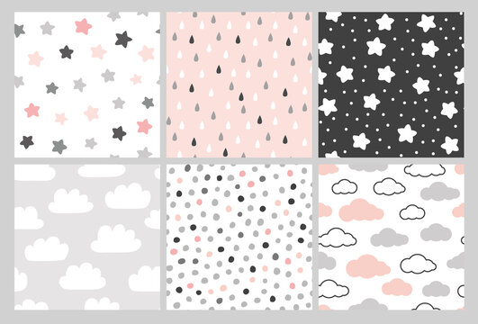 Fototapeta Cute pattern set with clouds, stars and rain drops. Vector seamless background in Scandinavian style. Illustration for babies, kids.