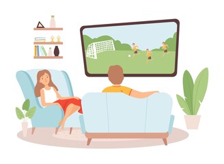 Couple spend time together. Woman man watch TV, football fans. Family in living room, stay at home vector illustration. Man and woman comfortable watch tv