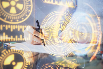 Technology theme hologram over woman's hands taking notes background. Concept of Tech. Double exposure