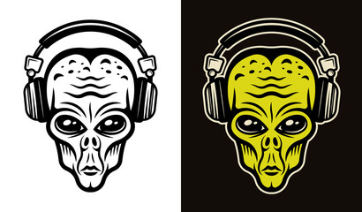 Alien head in headphones two styles vector objects