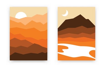 Abstract mountain backgrounds. Set of hand drawn posters with hills, river, clouds sun, moon scandinavian style. Vector wall decor