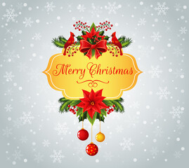 Golden banner with Merry Christmas text decorated with christmas details with red flowers.