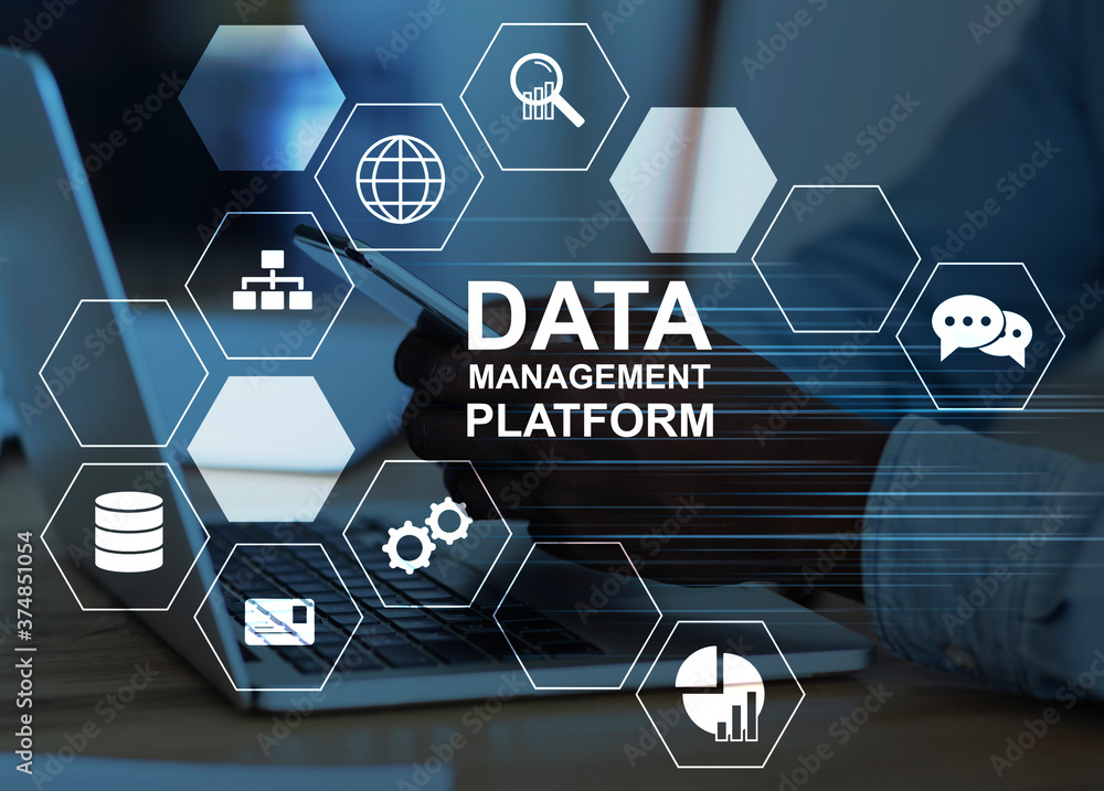 Poster data management platform. collage with office employee and cells with multimedia icons