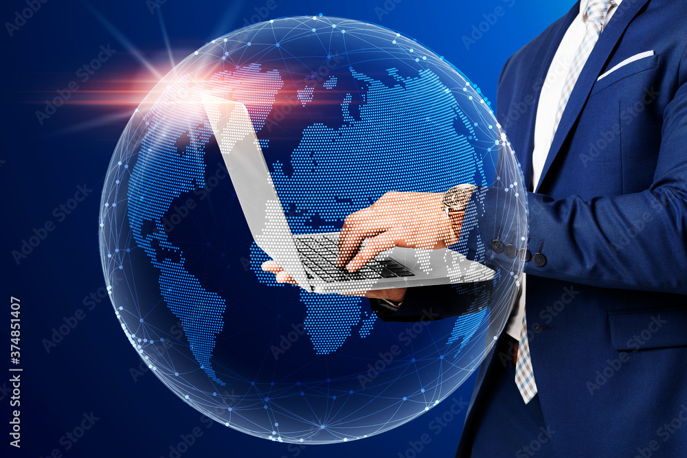 Poster blockchain business technologies and smart contracts. globe hologram over businessman with laptop