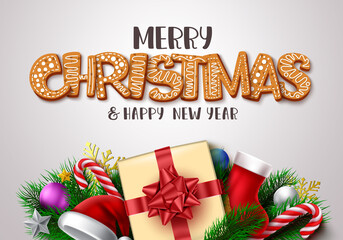 Christmas vector banner template design. Merry christmas greeting text in gingerbread typography with xmas decoration element and white empty space for holiday card messages. Vector illustration