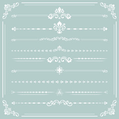 Vintage set of vector decorative elements. Horizontal separators in the frame. Collection of white ornaments. Classic patterns. Set of vintage patterns