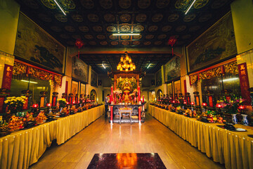 Interior of Thousand Buddha Temple or Chua Van Phat pagoda in District 5, Ho Chi Minh City, Vietnam near mid-Autumn festival on Aug 31 2020