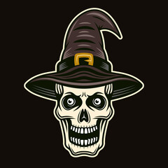 Skull of witch in hat colorful vector illustration