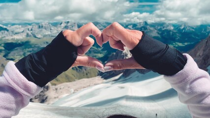 Woman creating heart sign with her hands on a mountain scenario