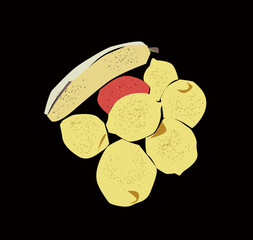 Limoni e banane stilizzati su sfondo nero