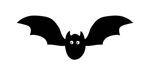 Fototapeta premium Black cartoon bat isolated on white background. Funny halloween symbol with big wings and white eyes