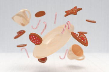 The explosion of food with cookies, plate, pops and mug. 3D rendering. 