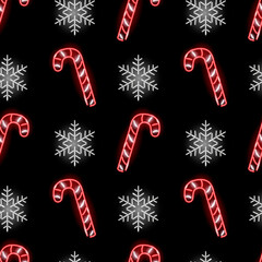 Christmas seamless pattern with neon candy canes and snowflakes on black background. Winter holidays, X-mas, Boxing day, New Year concept for wallpaper, wrapping, print. Vector 10 EPS illustration.