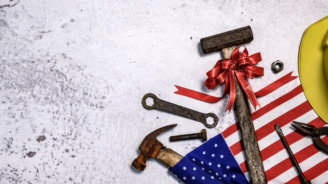 Labor day background and federal holiday. Independence and memorial day in America and USA. Engineer and worker tools with copy space for text.