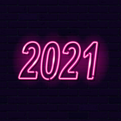 Neon banner with text 2021 on dark brick wall background. Winter holidays, New Year concept. Night glowing neon signboard style. Vector 10 EPS illustration.